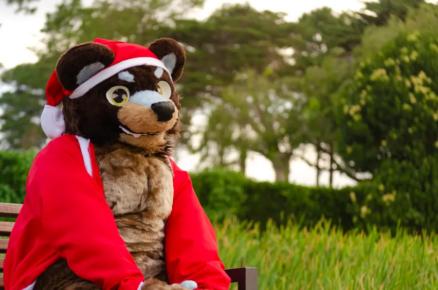 A bear fursuiter in a Santa hat and red jacket sitting on a park bench among trees.