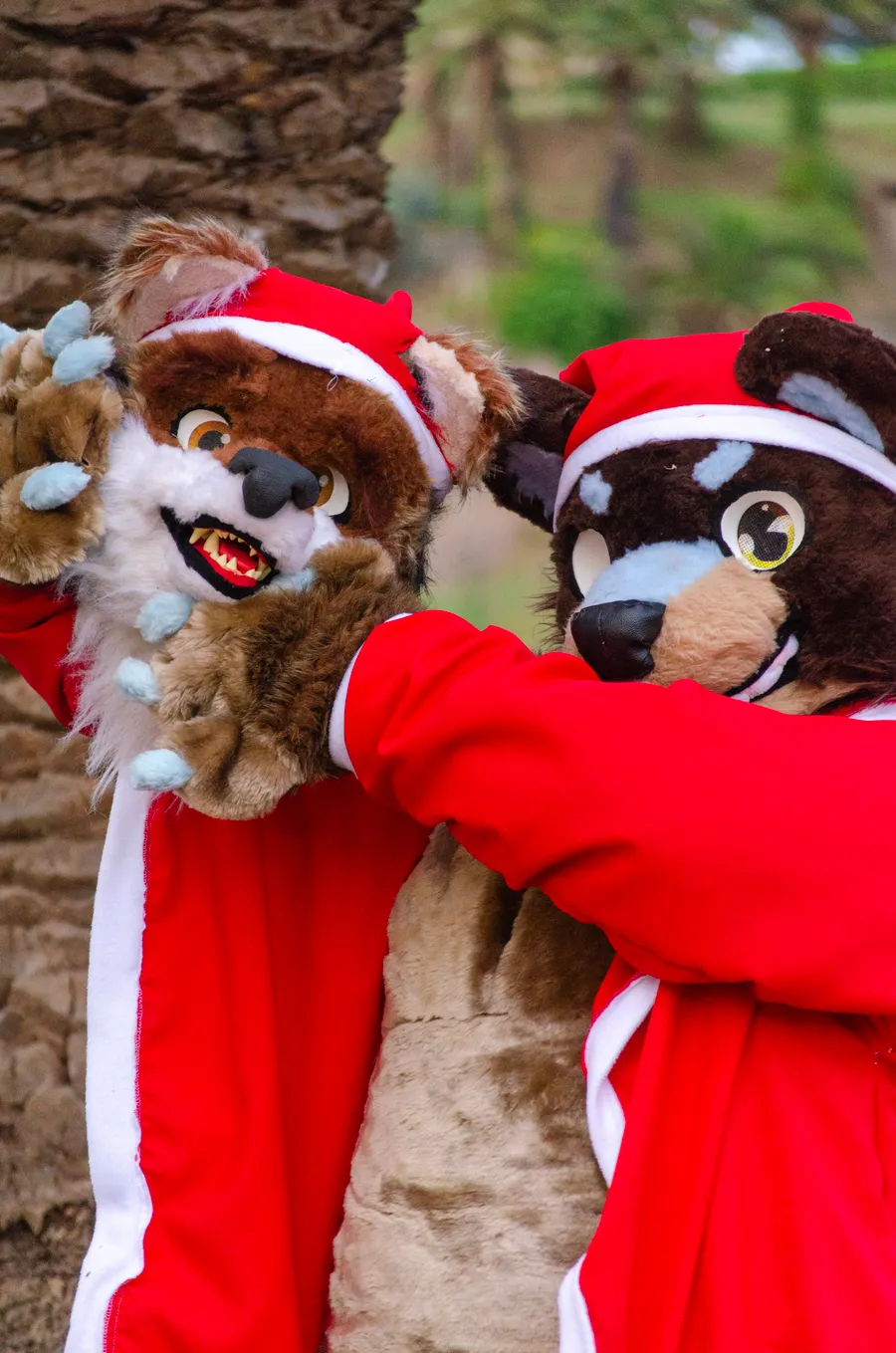 Two fursuiters in Santa hats and red jackets hugging.