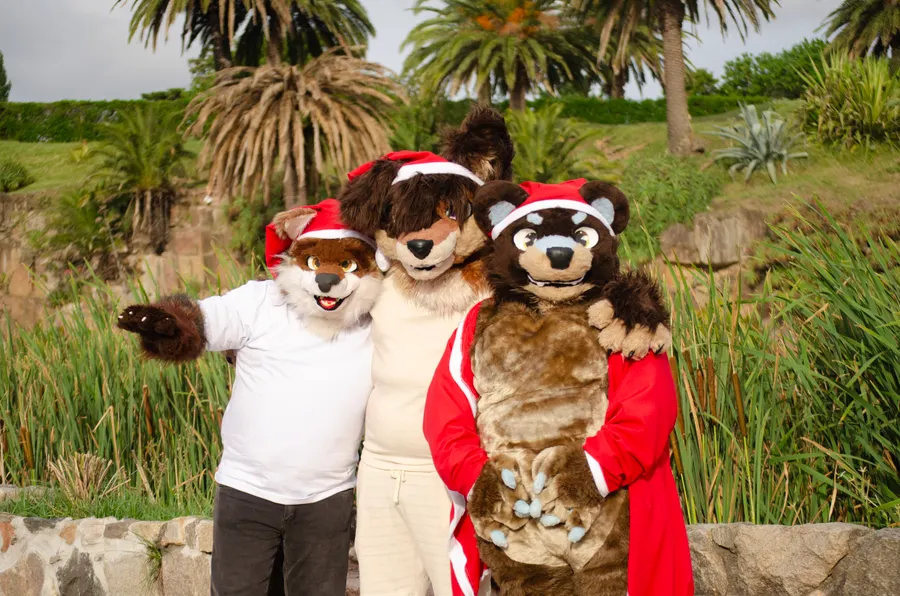 Three fursuiters wearing Santa hats standing together in a park among tall grasses.